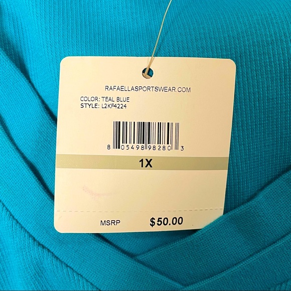 Rafaella Teal Blue Green V Neck 3/4 Sleeve Textured Stripe Top NWT 1X Stretch - Picture 6 of 9